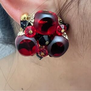Vintage Hobé Ruby Red Chunky Glass Beads & Rhinestones Clip on Earrings